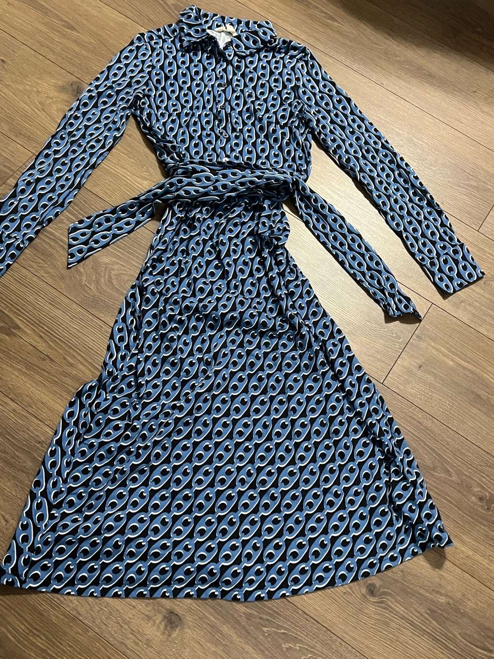 Boden Laura Jersey Midi Shirt Dress Blue Geo Chain Link US 4L / UK 8L - Picture 3 of 9